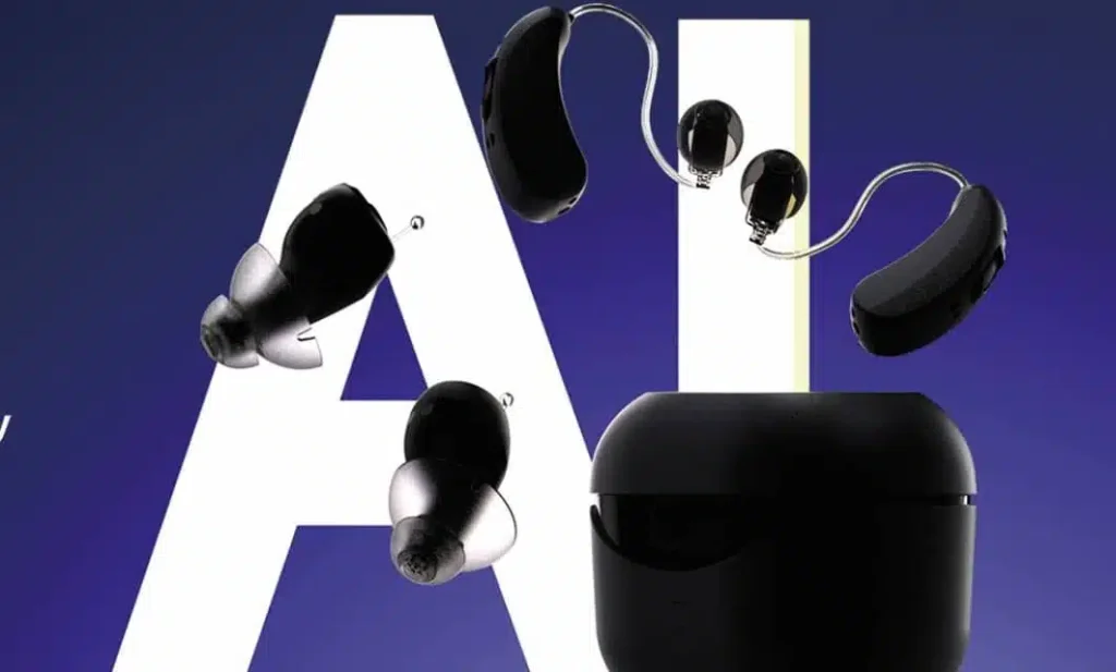 A black and white graphic showing various modern hearing aids—including in-ear and behind-the-ear styles, floating around a charging case, set against a blue background with large "AI" text.