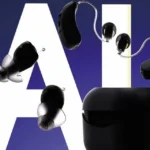 A black and white graphic showing various modern hearing aids—including in-ear and behind-the-ear styles, floating around a charging case, set against a blue background with large "AI" text.