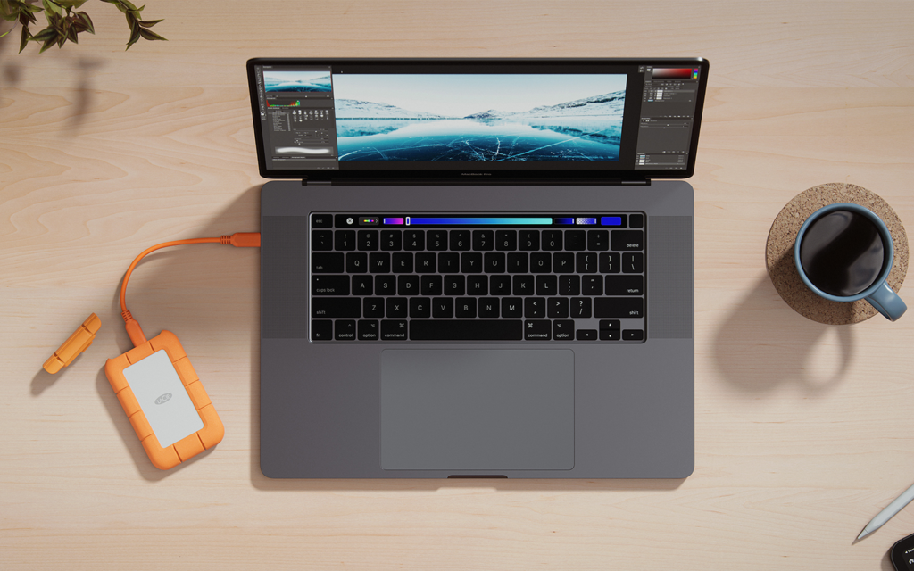 LaCie Rugged SSD4 orange portable drive connected to a dark grey laptop, showing 4K RAW video editing on a desk.