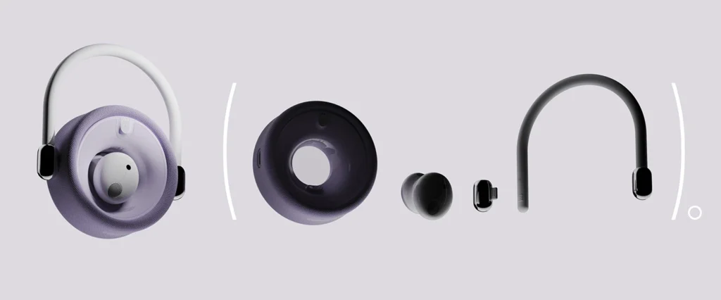 Breakdown of the O-Scene Ear concept showing the transformation from purple over-ear headphones, separating into the donut-shaped charging case, two wireless earbuds, and the detachable flexible neckpiece/headband.