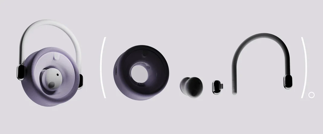Breakdown of the O-Scene Ear concept showing the transformation from purple over-ear headphones, separating into the donut-shaped charging case, two wireless earbuds, and the detachable flexible neckpiece/headband.