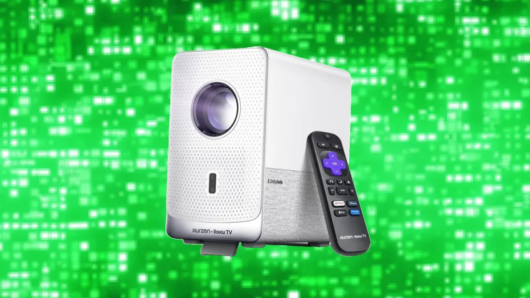 Aurzen Roku TV Smart Projector D1R Cube compact side view showing lens, speaker grille, and Roku branding.