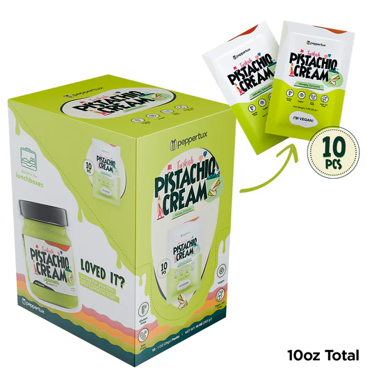 Peppertux vegan pistachio cream single-serve pouches packaging box