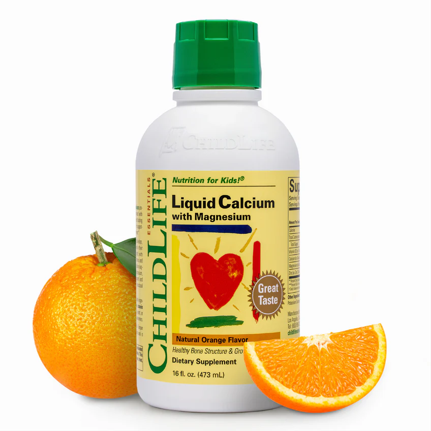 ChildLife Essentials liquid calcium supplement bottle with magnesium in natural orange flavor