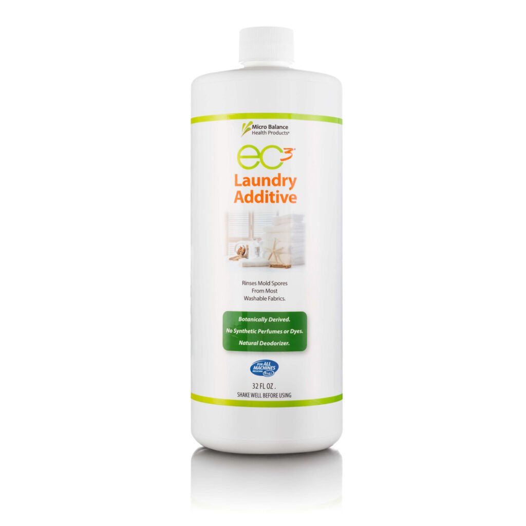 EC3 Laundry Additive bottle showing plant-based formula for removing mold spores and odor from washable fabrics