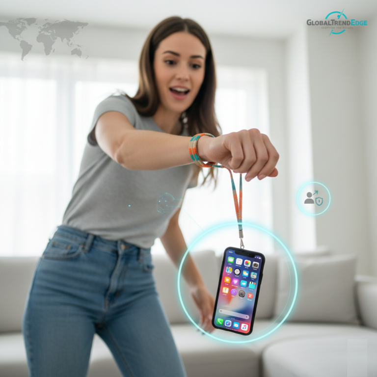 Woman using a smartphone bracelet wrist strap to prevent dropping her phone indoors