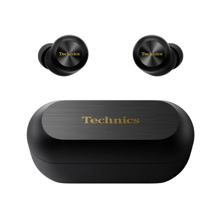 Technics EAH-AZ100 true wireless earbuds in black with matching charging case featuring gold logo.