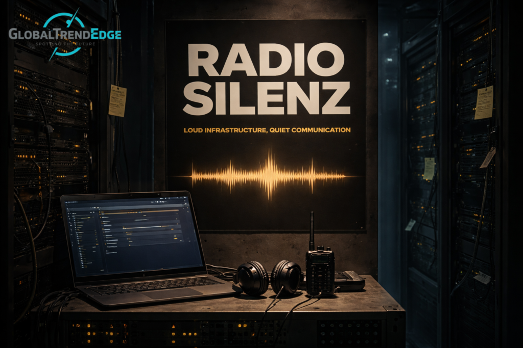 Radio silenz concept showing a quiet server room with monitoring systems, headphones, and minimal alerts during incident response