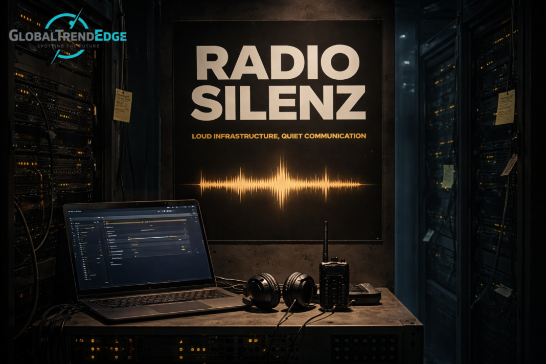 Radio silenz concept showing a quiet server room with monitoring systems, headphones, and minimal alerts during incident response