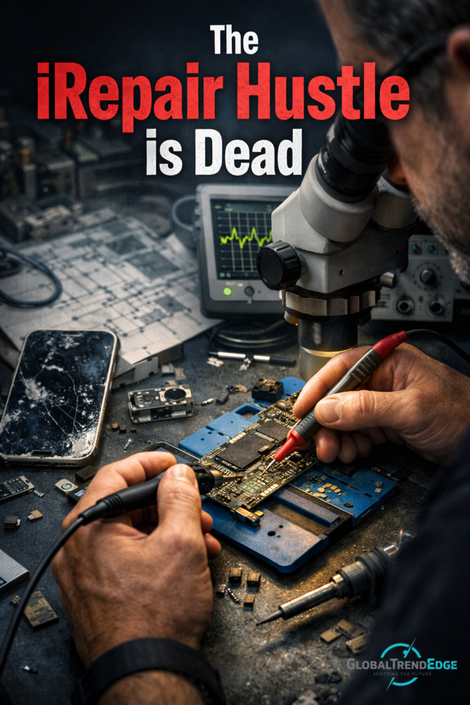 Technician performing micro-soldering on a smartphone logic board under a microscope, illustrating advanced component-level Irepair.