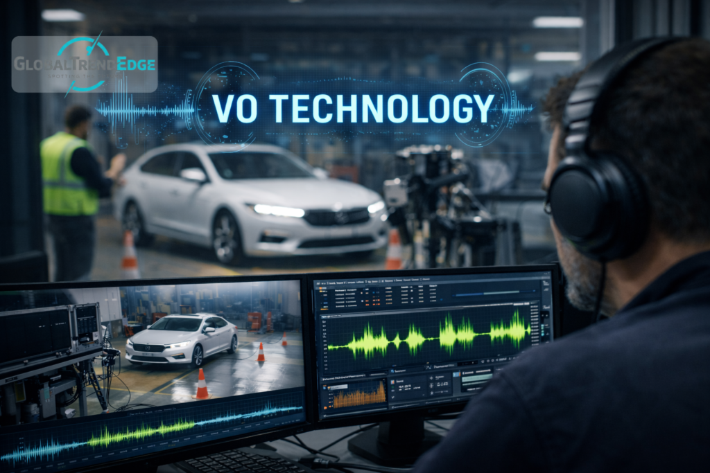 VO Technology acoustic analytics system monitoring an autonomous vehicle in a high-tech automotive lab with real-time soundwave analysis on dual screens