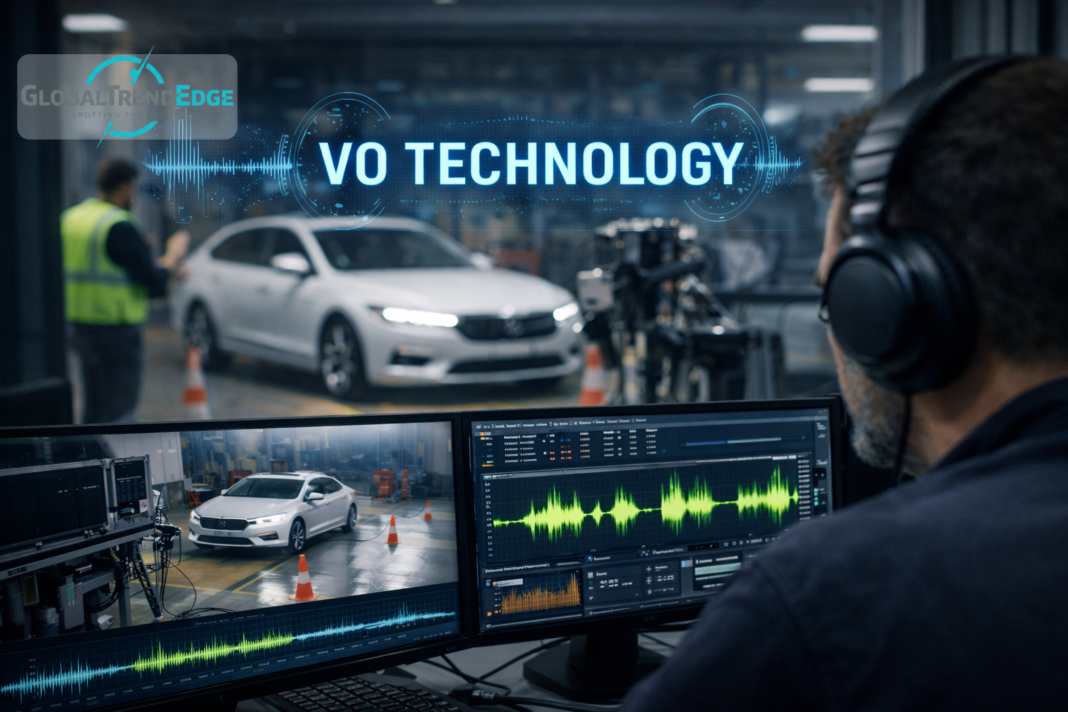 VO Technology acoustic analytics system monitoring an autonomous vehicle in a high-tech automotive lab with real-time soundwave analysis on dual screens