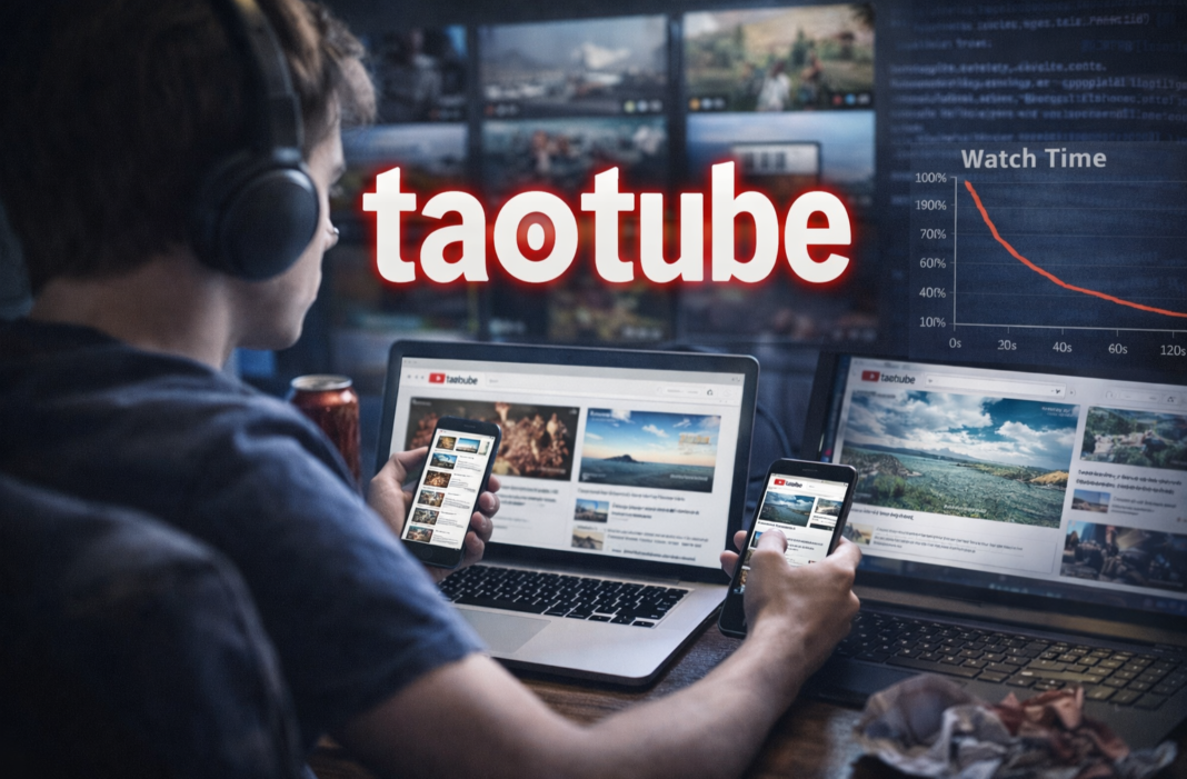 taootube platform concept showing a user watching multiple videos across laptop and mobile screens while analytics graphs highlight declining watch-time engagement.