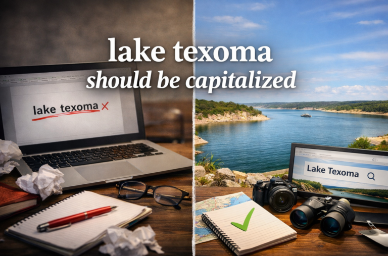 lake texoma should be capitalized concept showing an editor correcting lowercase lake texoma on a laptop beside a scenic view of Lake Texoma