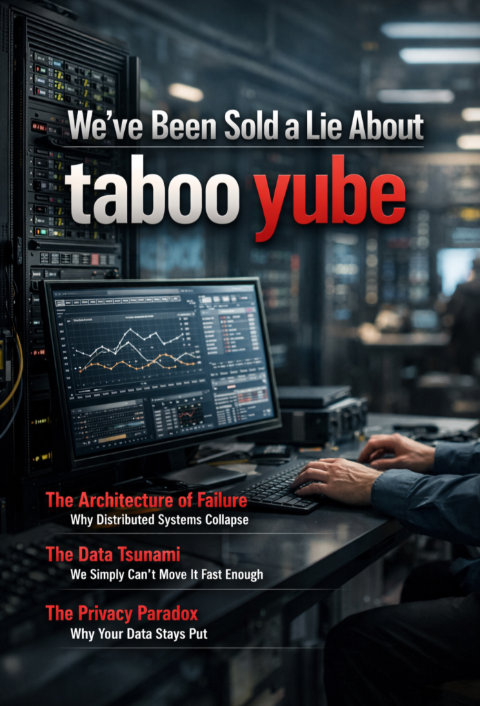 Taboo yube concept showing a modern data center server rack and monitoring screen explaining computing latency and distributed system architecture.