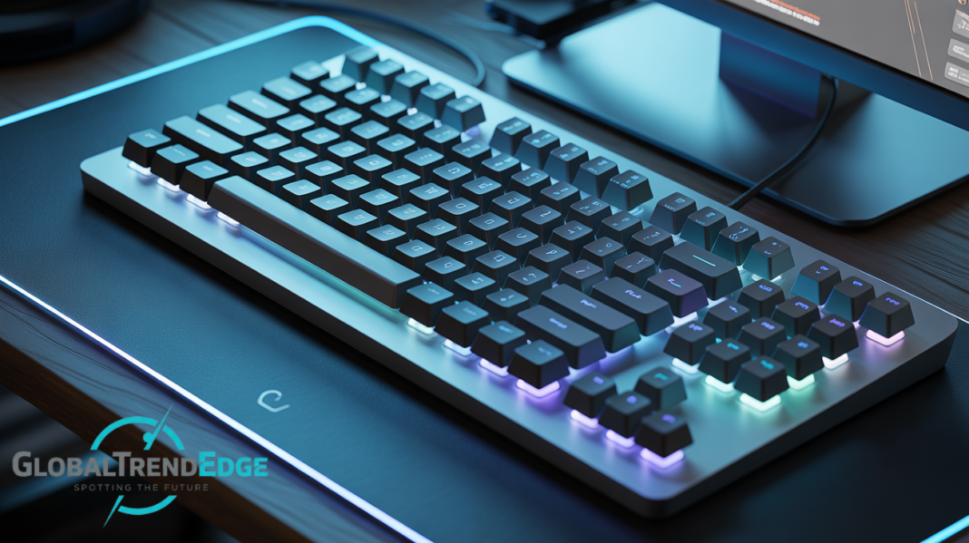 A close-up cinematic view of a sleek mechanical gaming keyboard with vibrant RGB underglow on a desk mat, featuring the GlobalTrendEdge brand logo in the corner to complement the ultimate kibard guide.