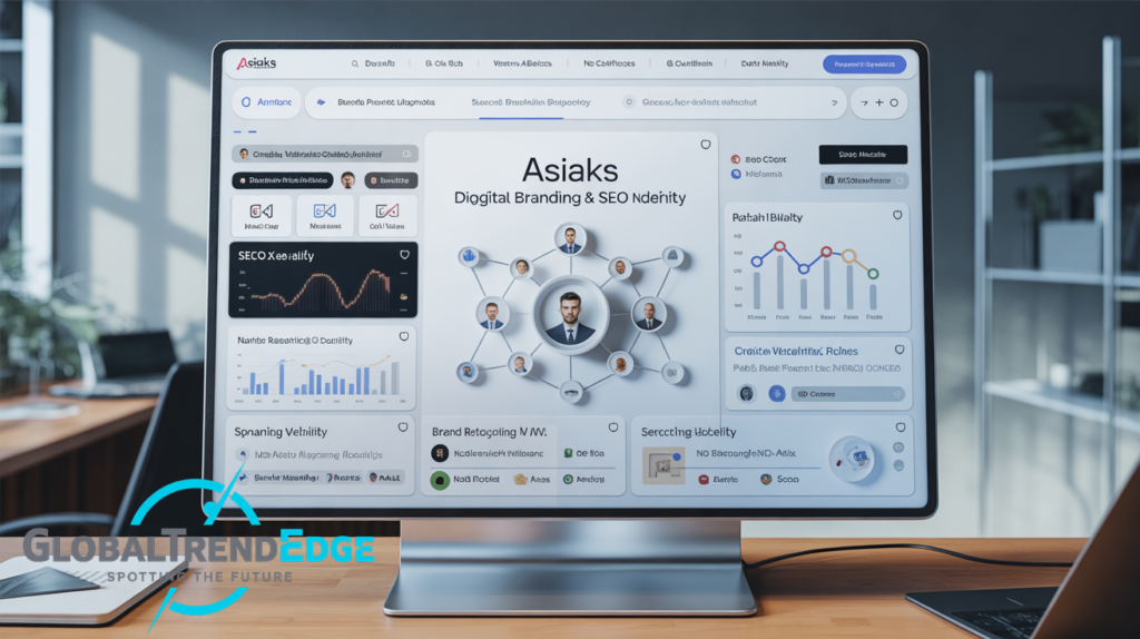 A sleek computer monitor on a wooden desk displaying an online platform interface centered around an Asiaks digital branding chart with user network nodes and data analytics graphs, featured on GlobalTrendEdge.