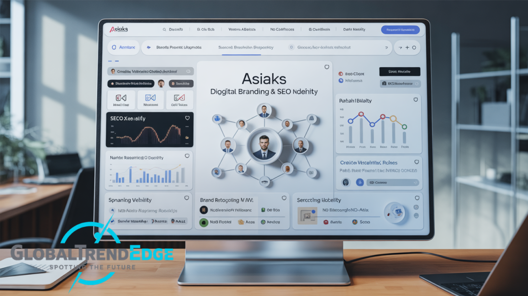 A sleek computer monitor on a wooden desk displaying an online platform interface centered around an Asiaks digital branding chart with user network nodes and data analytics graphs, featured on GlobalTrendEdge.