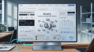 A sleek computer monitor on a wooden desk displaying an online platform interface centered around an Asiaks digital branding chart with user network nodes and data analytics graphs, featured on GlobalTrendEdge.