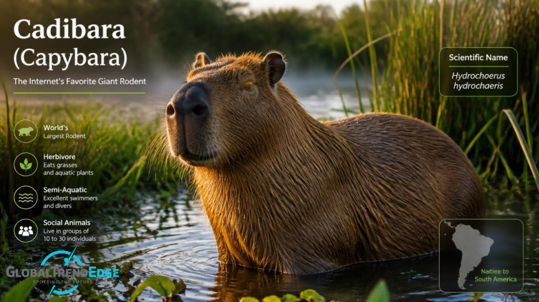 A large capybara standing in shallow wetland water near green reeds, with infographic text overlays for Cadibara facts, scientific name Hydrochoerus hydrochaeris, and a South American map outline, featured on GlobalTrendEdge.