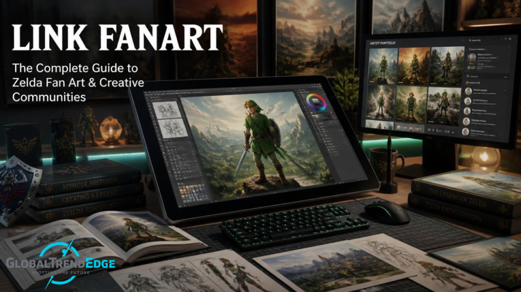 A digital artist workspace with a laptop showcasing Link fanart character sketches alongside a graphic design tablet, color swatches, and a stylised background template, featured on GlobalTrendEdge.