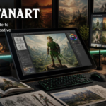 A digital artist workspace with a laptop showcasing Link fanart character sketches alongside a graphic design tablet, color swatches, and a stylised background template, featured on GlobalTrendEdge.