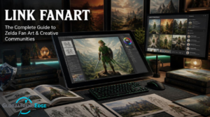 A digital artist workspace with a laptop showcasing Link fanart character sketches alongside a graphic design tablet, color swatches, and a stylised background template, featured on GlobalTrendEdge.