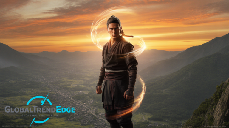 A realistic depiction of a young male ninja warrior standing before a mountainous valley landscape at sunset with a glowing energy aura swirling around him, capturing the theme of Narutas Viesulo Kronikos on GlobalTrendEdge.