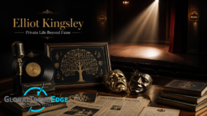 A table with a vintage microphone, vinyl record, comedy and tragedy theater masks, family tree art, and old newspapers under a spotlighted theater stage backdrop, illustrating the private life of Elliot Kingsley on GlobalTrendEdge.