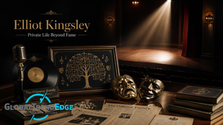 A table with a vintage microphone, vinyl record, comedy and tragedy theater masks, family tree art, and old newspapers under a spotlighted theater stage backdrop, illustrating the private life of Elliot Kingsley on GlobalTrendEdge.