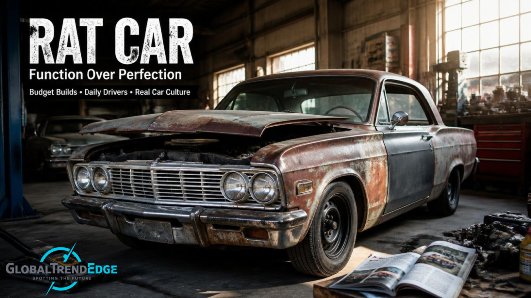 A mechanic workshop garage featuring a laptop displaying a custom rat car design layout next to car parts, tires, tools, and a digital automotive specs checklist, featured on GlobalTrendEdge.