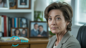A professional portrait of a mature woman with short brown hair wearing a blazer in an office setting with framed family photos on a shelf behind her, representing Debby Clarke Belichick on GlobalTrendEdge.