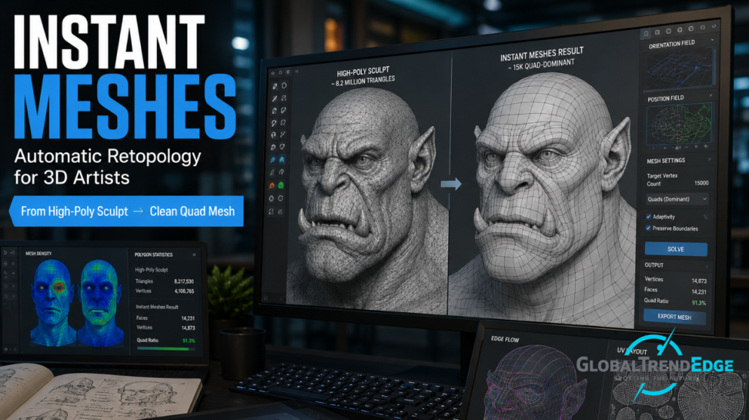 A high-tech digital artist workspace featuring a laptop displaying an interactive Instant Meshes 3D quad topology wireframe layout alongside a stylus pen and a graphics drawing tablet, featured on GlobalTrendEdge.