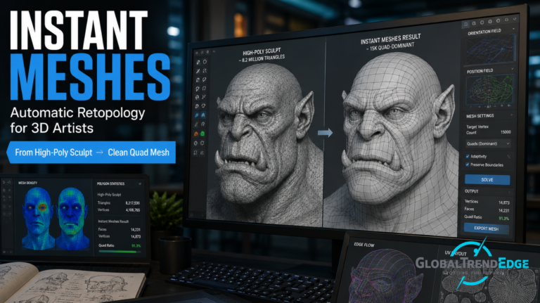 A high-tech digital artist workspace featuring a laptop displaying an interactive Instant Meshes 3D quad topology wireframe layout alongside a stylus pen and a graphics drawing tablet, featured on GlobalTrendEdge.