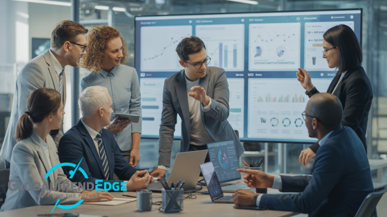 A diverse professional corporate team collaborating in a modern conference room around a table with laptops, while a man points at a large digital dashboard screen showcasing business analytics, representing Droven io AI for Business on GlobalTrendEdge.