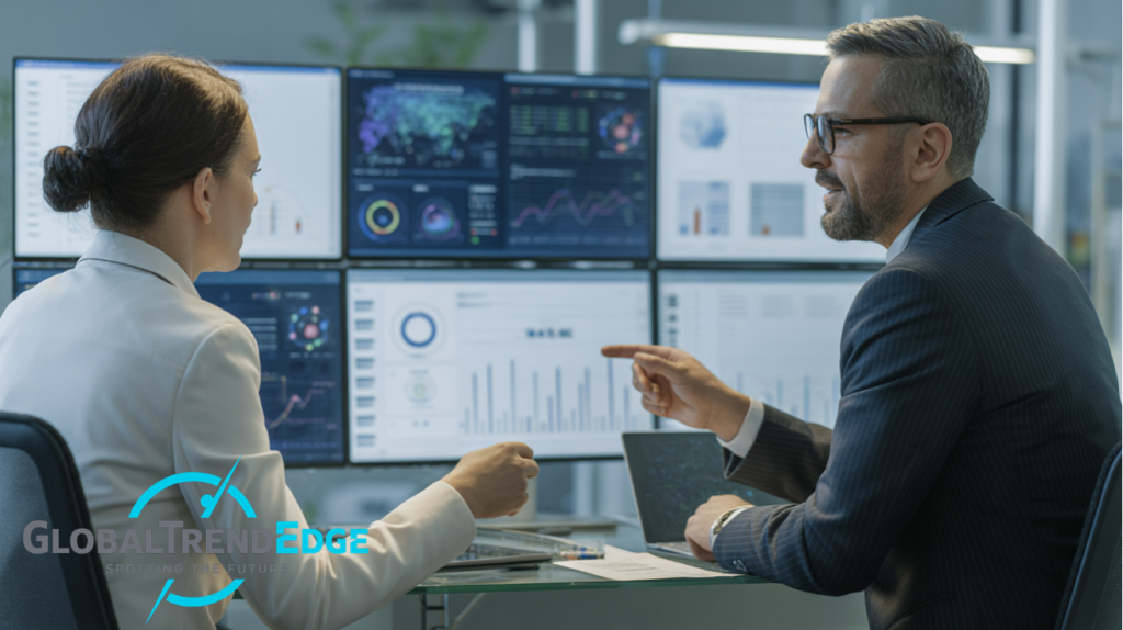 A businessman wearing glasses and a business suit points toward a multi-screen data dashboard while discussing analytics with a female colleague in an enterprise office setting, illustrating a Cñims management framework on GlobalTrendEdge.