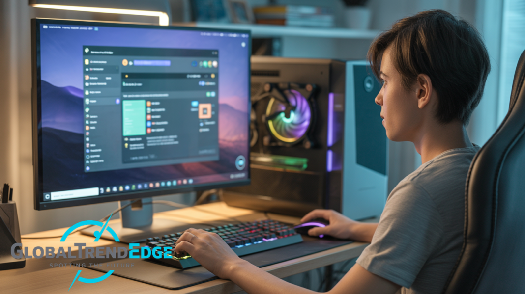 A young gamer sitting in an ergonomic chair using an RGB mechanical keyboard and mouse while looking at a desktop monitor displaying a Linux gaming launcher interface next to a custom PC case with glowing fans, representing PBLinuxGaming on GlobalTrendEdge.
