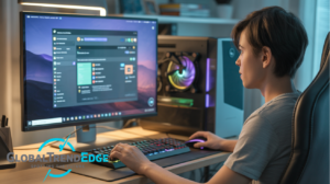 A young gamer sitting in an ergonomic chair using an RGB mechanical keyboard and mouse while looking at a desktop monitor displaying a Linux gaming launcher interface next to a custom PC case with glowing fans, representing PBLinuxGaming on GlobalTrendEdge.