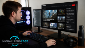A man browsing a gaming news website displaying hardware reviews and game updates on a desktop monitor next to a custom PC case with glowing blue fans, illustrating Gaming News PBoxComputers.