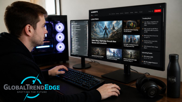A man browsing a gaming news website displaying hardware reviews and game updates on a desktop monitor next to a custom PC case with glowing blue fans, illustrating Gaming News PBoxComputers.
