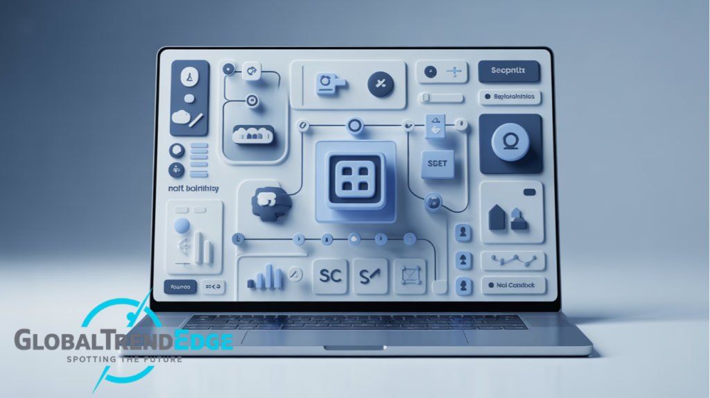 An open laptop screen displaying a stylized, 3D modular user interface with soft blue icons, node paths, and data widgets, illustrating the miuzo digital workflow concept on GlobalTrendEdge.