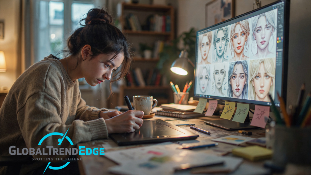 A female digital artist using a graphics tablet to draw expressive anime-inspired character faces with soft visual aesthetics on a computer screen, representing the Dojen Moe creative movement.
