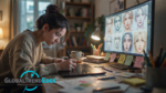 A female digital artist using a graphics tablet to draw expressive anime-inspired character faces with soft visual aesthetics on a computer screen, representing the Dojen Moe creative movement.