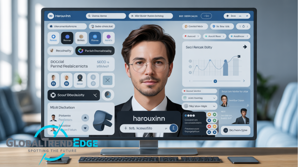 A desktop monitor on a wooden table displaying a digital dashboard interface centered around a businessman's portrait with charts, metrics, and user profile widgets, showcasing the harouxinn branding concept on GlobalTrendEdge.