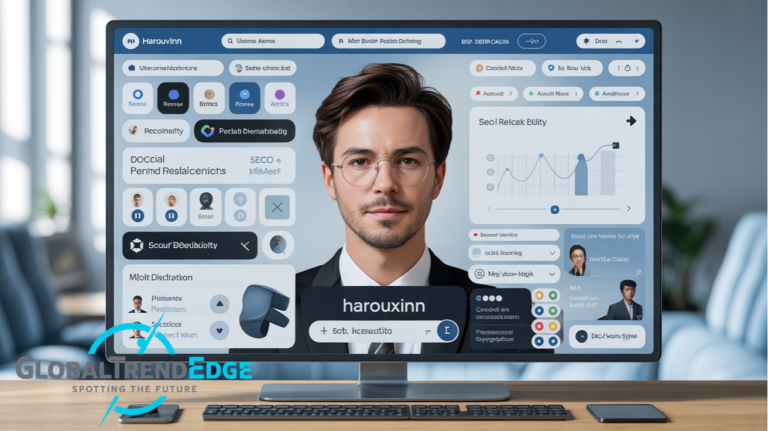 A desktop monitor on a wooden table displaying a digital dashboard interface centered around a businessman's portrait with charts, metrics, and user profile widgets, showcasing the harouxinn branding concept on GlobalTrendEdge.