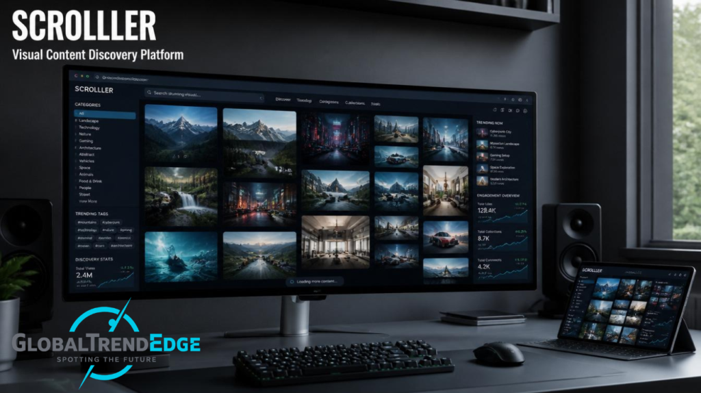 An ultrawide desktop monitor displaying the Scrolller image-focused dashboard alongside a tablet showing the same interface on a dark desk with a mechanical keyboard, mouse, and speakers, featured on GlobalTrendEdge.