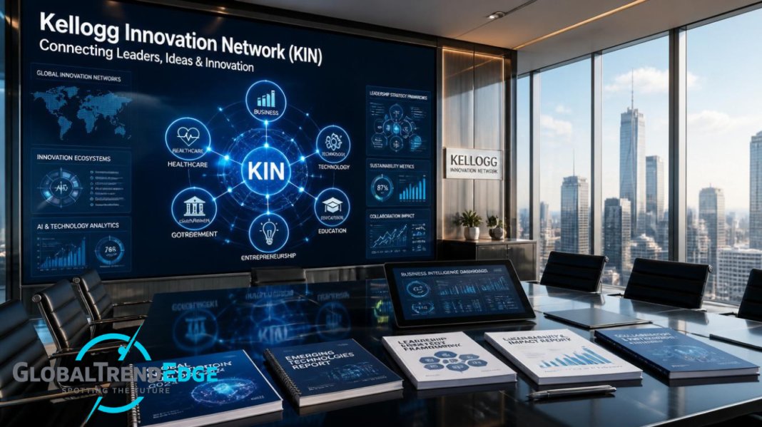A modern corporate boardroom overlooking a city skyline with a large digital screen displaying the Kellogg Innovation Network KIN ecosystem diagram alongside reports, booklets, and a business intelligence tablet on the conference table, featured on GlobalTrendEdge.