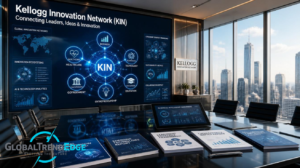 A modern corporate boardroom overlooking a city skyline with a large digital screen displaying the Kellogg Innovation Network KIN ecosystem diagram alongside reports, booklets, and a business intelligence tablet on the conference table, featured on GlobalTrendEdge.