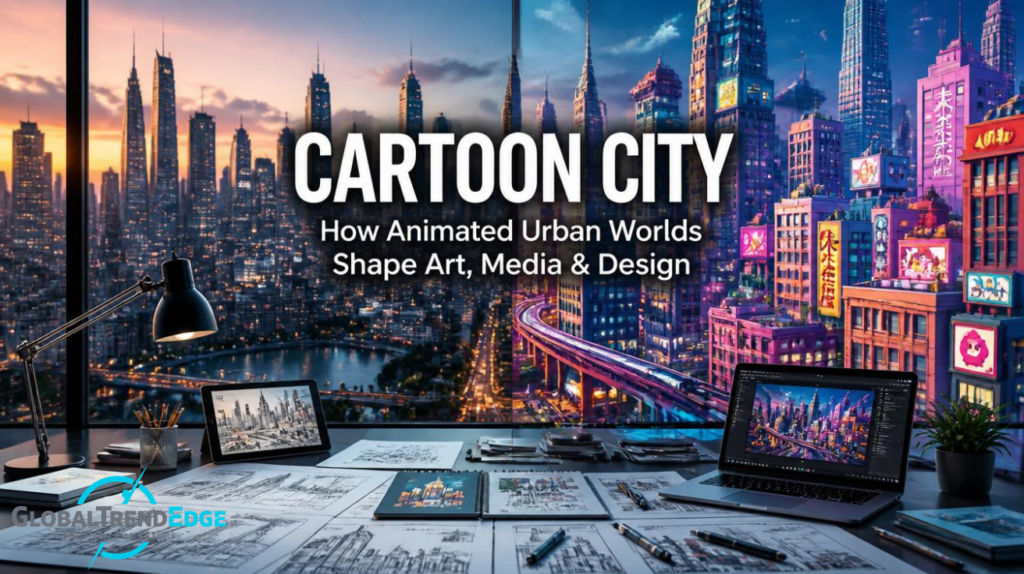 A high-resolution graphic designer workspace featuring a laptop displaying a vibrant cartoon city vector illustration with colorful skyscrapers and a drawing tablet with stylized layout paths, featured on GlobalTrendEdge.