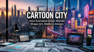 A high-resolution graphic designer workspace featuring a laptop displaying a vibrant cartoon city vector illustration with colorful skyscrapers and a drawing tablet with stylized layout paths, featured on GlobalTrendEdge.